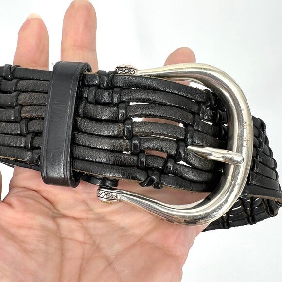 Vintage Brighton Black Leather Woven Belt Silver Buckle Size XL 36 main image 4